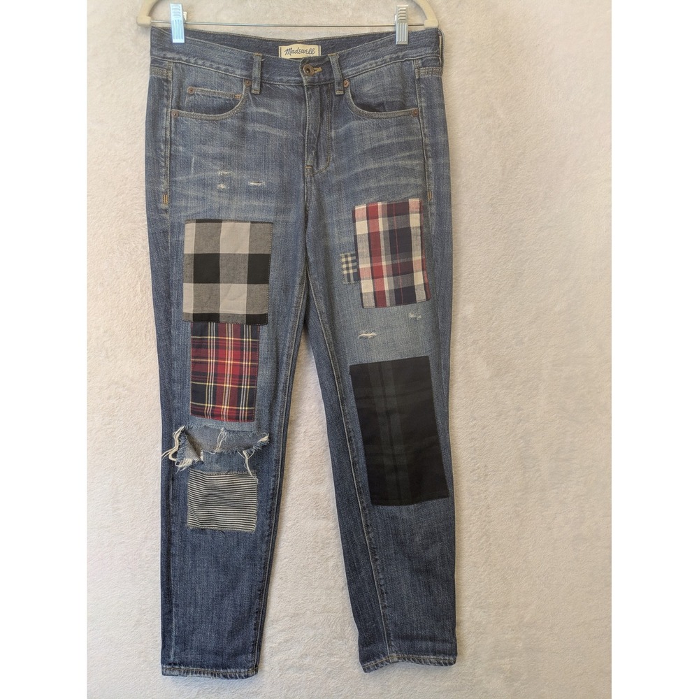 Madewell Jeans Women's 26 Blue Patchwork Plaid Distressed Slim Straight Leg